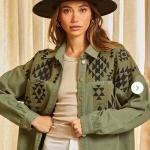 Savanna Jane Jacket, NWT, Native inspried, Olive demin, Embroidered look,  Boho
